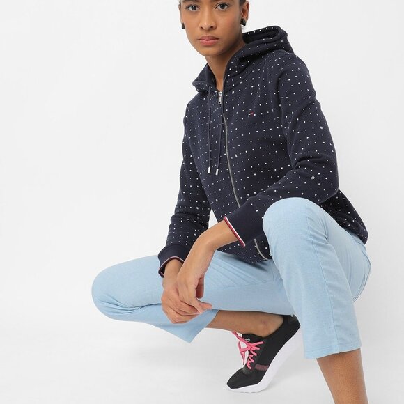 Tommy Hilfiger Navy Blue Zip Up Women's Sweatshirt Hoodie Polka Dot Sz M - Picture 1 of 11